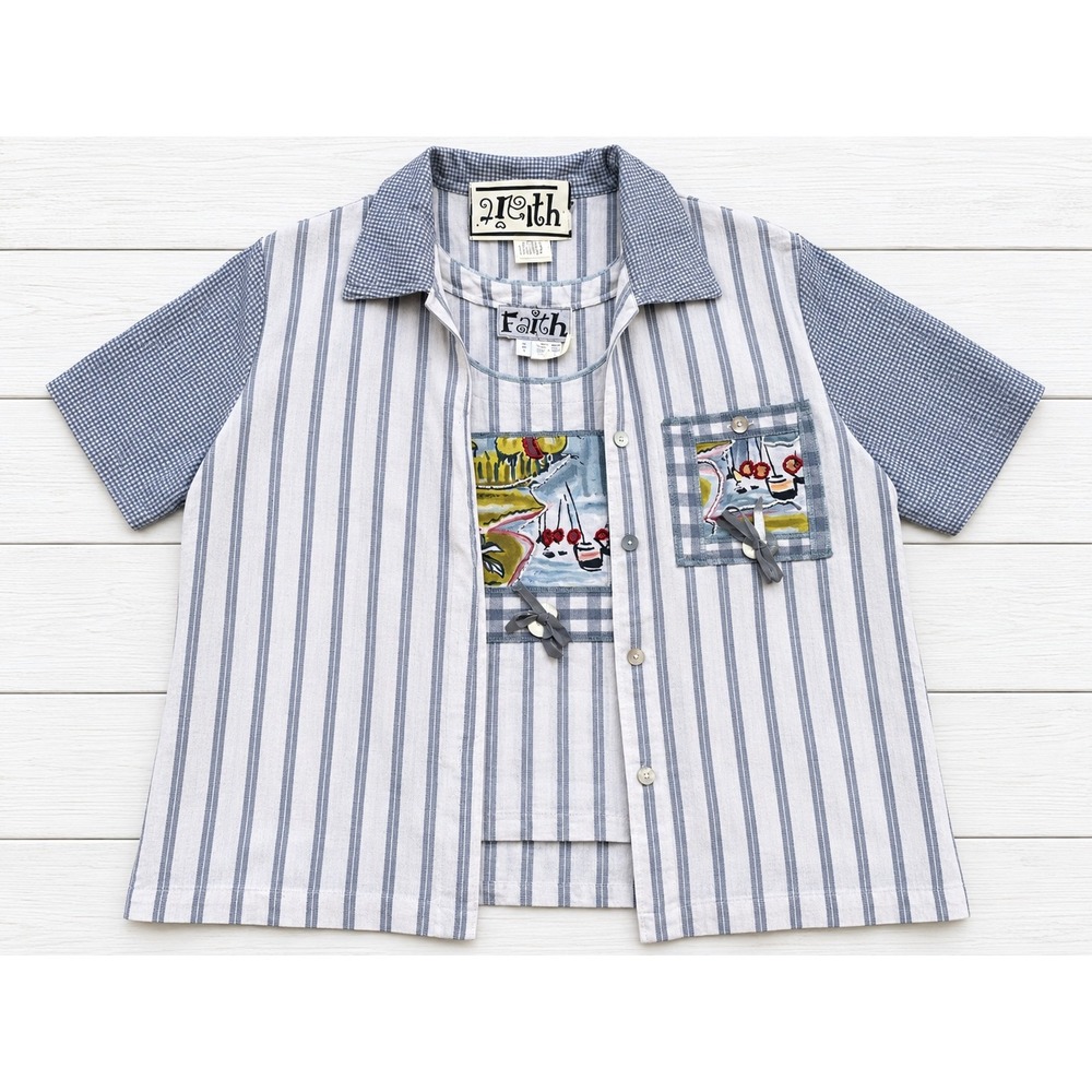 Faith 2pc Set Nautical Patchwork Striped Camp Shirt & Tank Top Coastal Small NEW